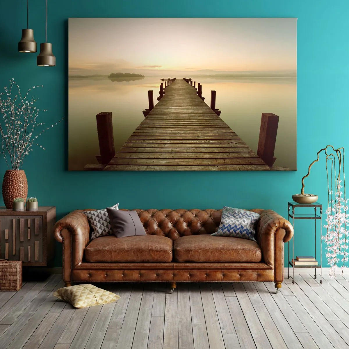 Lærredstryk - Billede på lærred - En træbro ved en rolig sø om morgenen - 70x50cm - Før daggry, daggry, lys - Moderne vægdekoration til stue og soveværelse ARTTOR