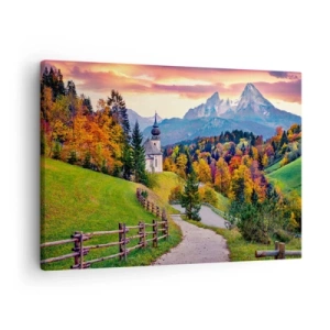 Lærredstryk - Billede på lærred - Efterårsbjerglandskab med et kapel og solnedgang - 70x50cm - Landskab som maleri - Moderne vægdekoration til stue og soveværelse ARTTOR