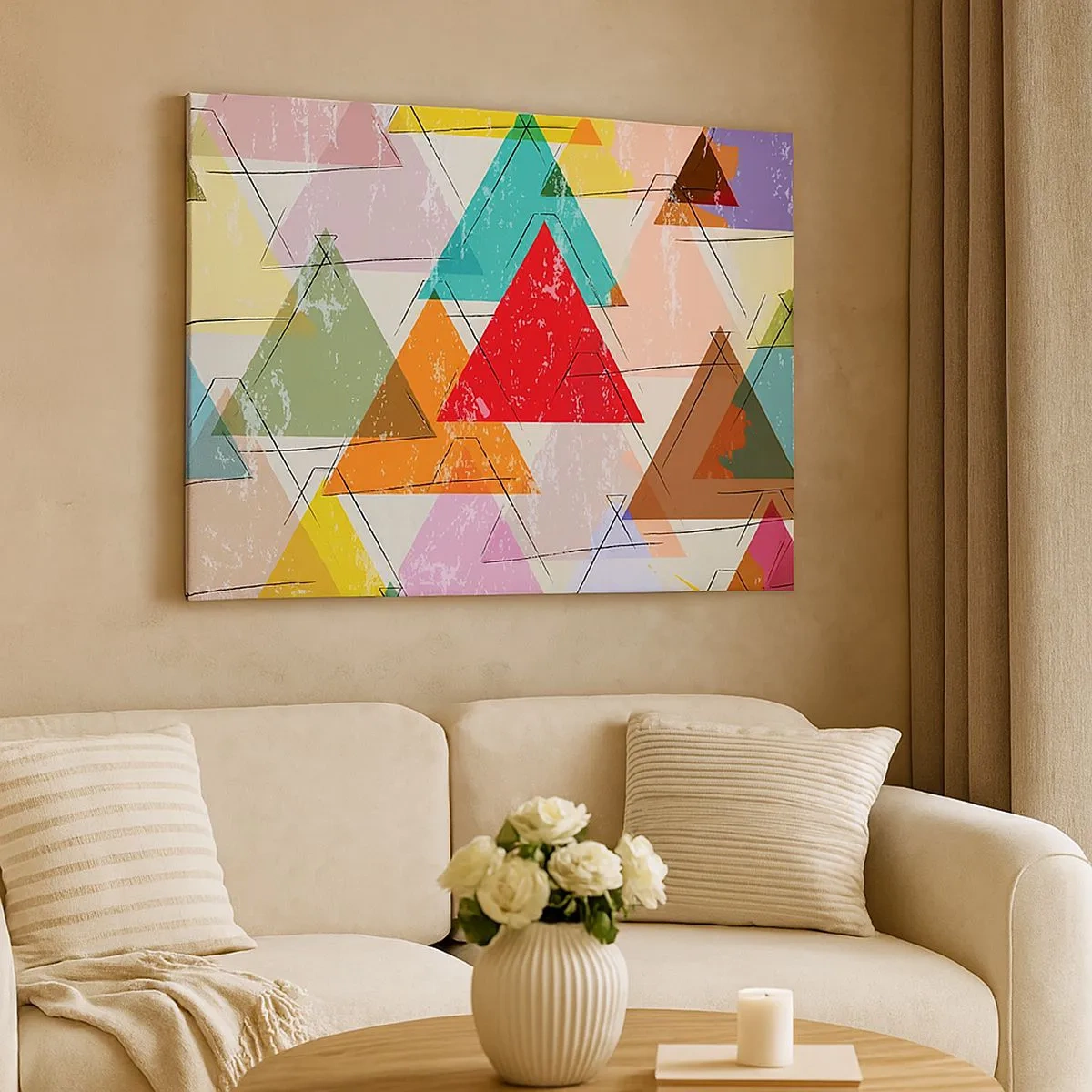 Lærredstryk - Billede på lærred - Farverig abstraktion med geometriske trekanter - 70x50cm - Tre og tre - Moderne vægdekoration til stue og soveværelse ARTTOR
