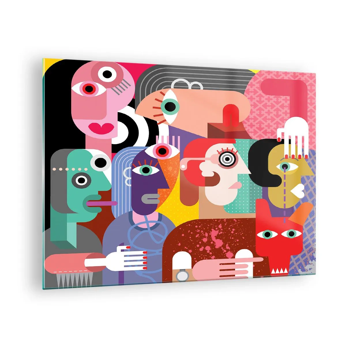 Billede på glas - Abstrakt komposition af ansigter i levende farver - 70x50cm - Vi fra hr. Picasso - Moderne vægdekoration til stue og soveværelse ARTTOR