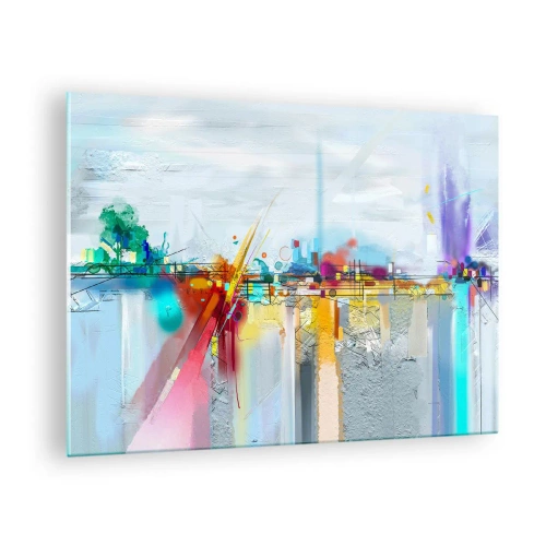 Billede på glas - Abstrakt bro i livlige farver over en flod med en pastelfarvet baggrund - 70x50cm - Glædens bro over livets flod - Moderne vægdekoration til stue og soveværelse ARTTOR