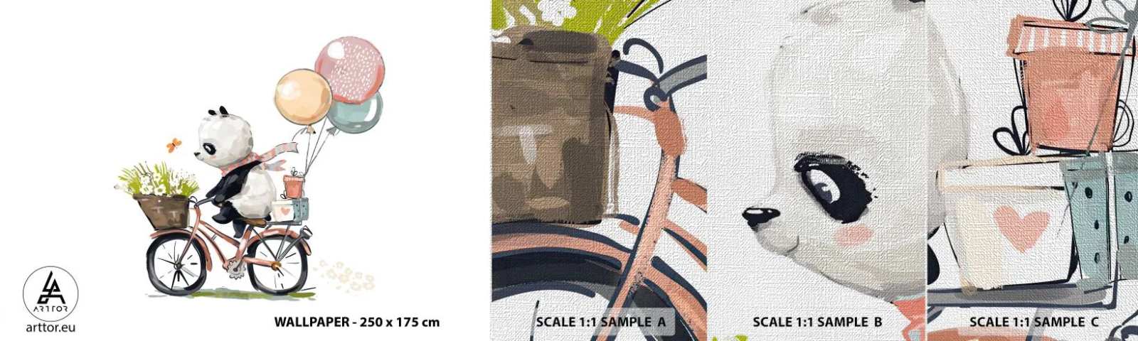 Prøve Fototapet Premium Canvas - Glædelig dag - For børn, Panda på en cykel, Abstraktion - 100x30 cm