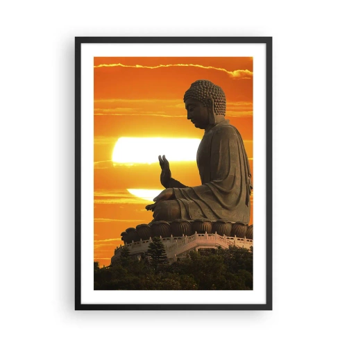 Plakat i sort ramme - En Buddha-statue mod en orange himmel - 50x70cm - Uden frygt for verden - Moderne vægdekoration til stue og soveværelse ARTTOR