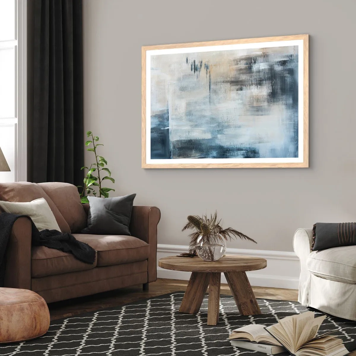 Plakat i ramme af lyst egetræ - Bag et slør af blåt - 70x50 cm