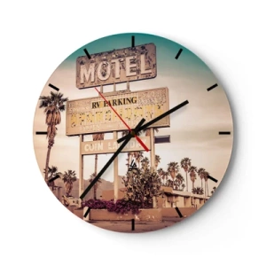 Vægur, Uret - Retro motelskilt med palmer i baggrunden på en ørkenvej - 30x30cm - Her er tiden standset - Moderne vægdekoration til stue, køkken og soveværelse ARTTOR