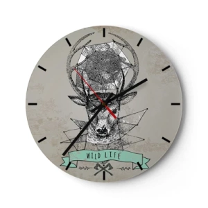 Vægur, Uret - Geometrisk hjort med indskriften Wild Life på en grå baggrund - 30x30cm - Synet af sankt Hubertus - Moderne vægdekoration til stue, køkken og soveværelse ARTTOR