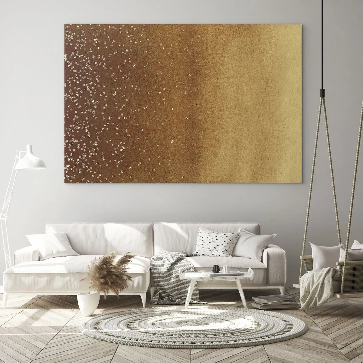 Billede på glas - Guld abstrakt mønster med fine refleksioner - 70x50cm - Lysets fødsel - Moderne vægdekoration til stue og soveværelse ARTTOR