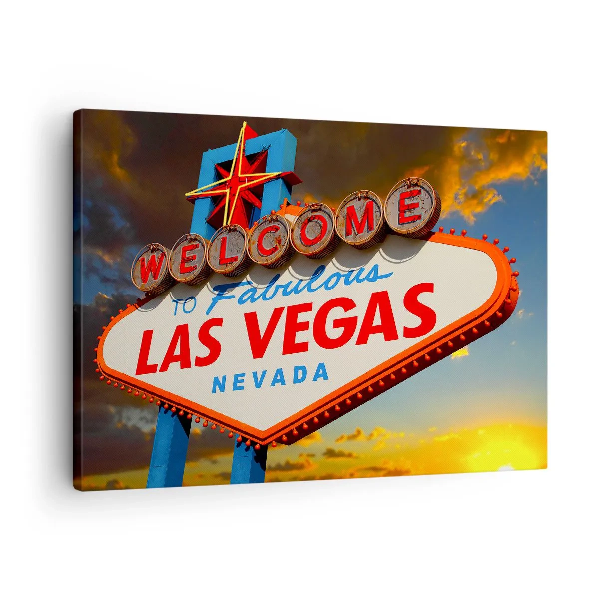 Lærredstryk - Billede på lærred - Det berømte Welcome to Fabulous Las Vegas-skilt ved solnedgang - 70x50cm - For et smil fra skæbnen - Moderne vægdekoration til stue og soveværelse ARTTOR