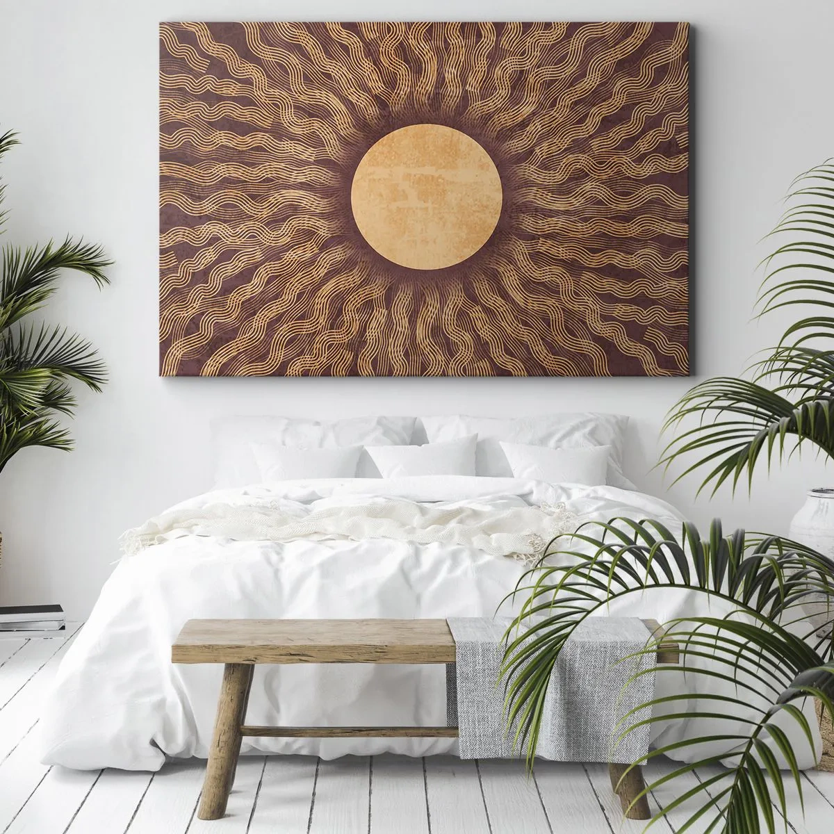 Lærredstryk - Billede på lærred - Solrigt mønster med stråler på en baggrund i brune nuancer - 70x50cm - Ikon for solen - Moderne vægdekoration til stue og soveværelse ARTTOR