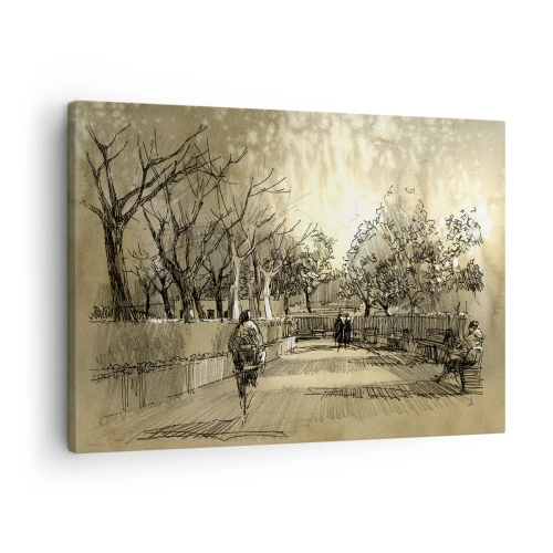 Lærredstryk - Billede på lærred - En tegneseriescene af en park med mennesker, der går i varme toner. - 70x50cm - Et øjeblik med fjer - Moderne vægdekoration til stue og soveværelse ARTTOR