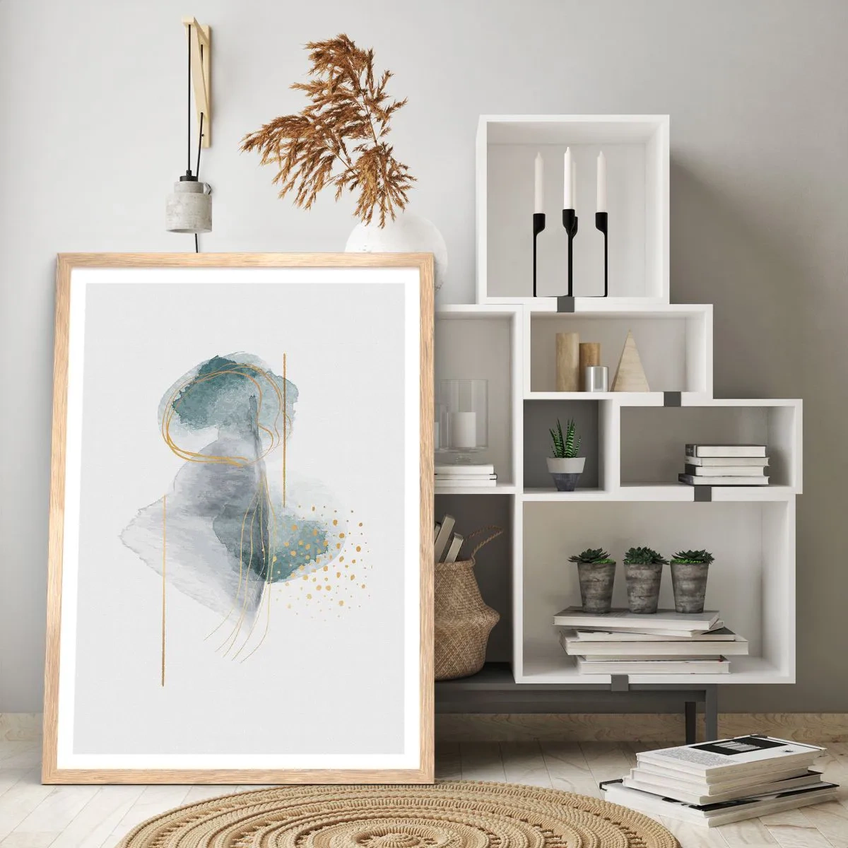 Plakat i ramme af lyst egetræ - Om forholdet mellem grå og guld - 61x91 cm