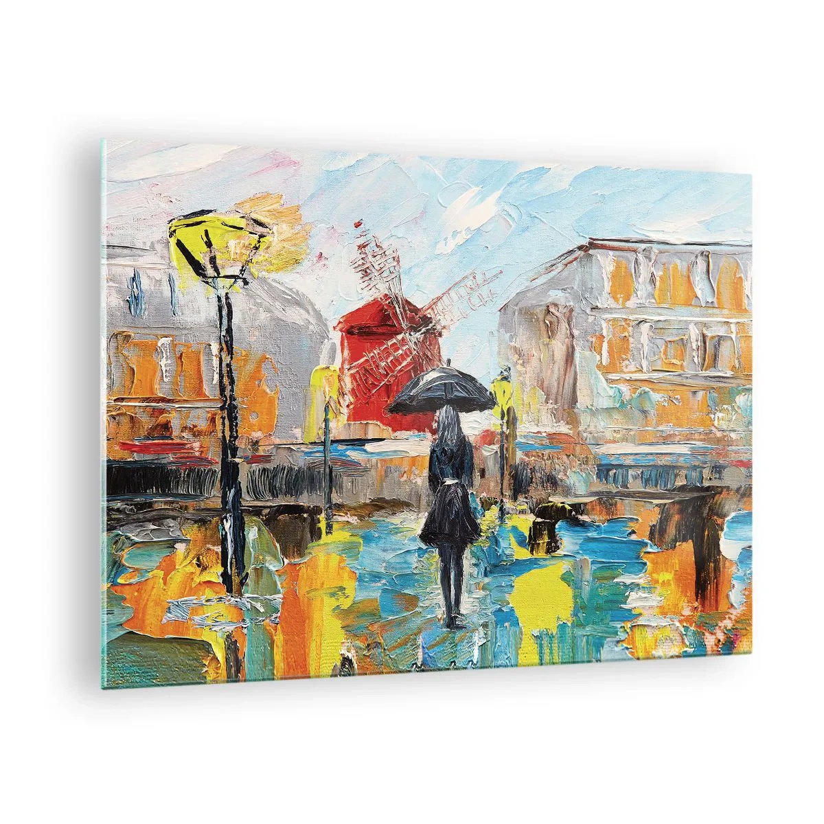Billede på glas - En kvinde med en paraply mod en bybaggrund i impressionistisk stil - 70x50cm - Parisiske legender - Moderne vægdekoration til stue og soveværelse ARTTOR