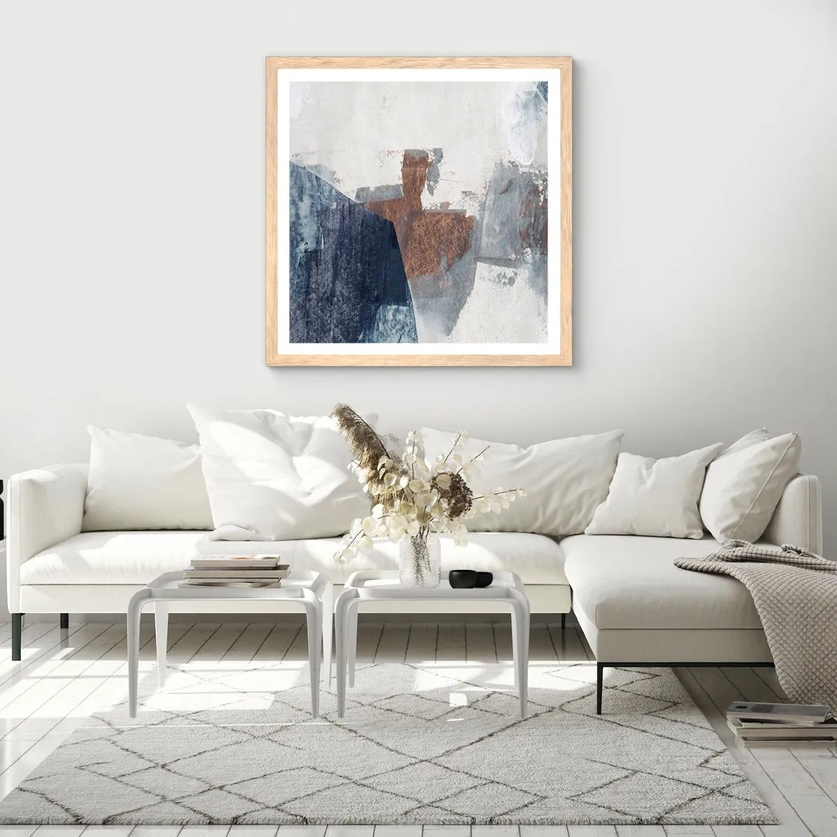 Plakat i ramme af lyst egetræ - Blåbrune former - 50x50 cm