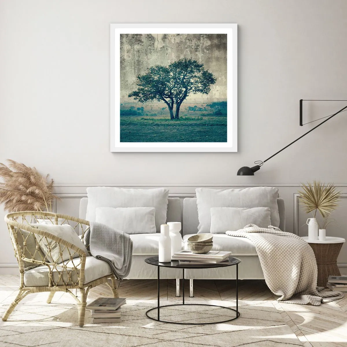 Plakat i hvid ramme - Et æbletræ på en blå membran? - 60x60 cm