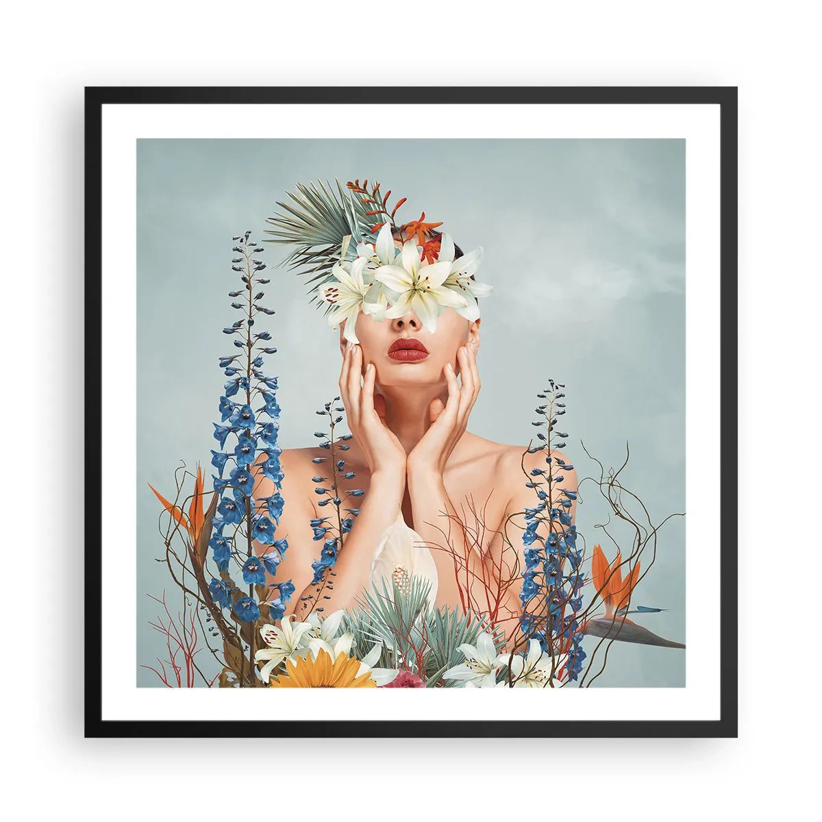 Plakat i sort ramme - Kvinde blomst - 60x60 cm