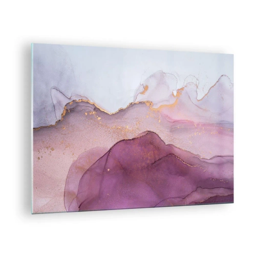 Billede på glas - Abstrakte bølger i lilla nuancer med gulddetaljer - 70x50cm - Lilla og violette bølger - Moderne vægdekoration til stue og soveværelse ARTTOR