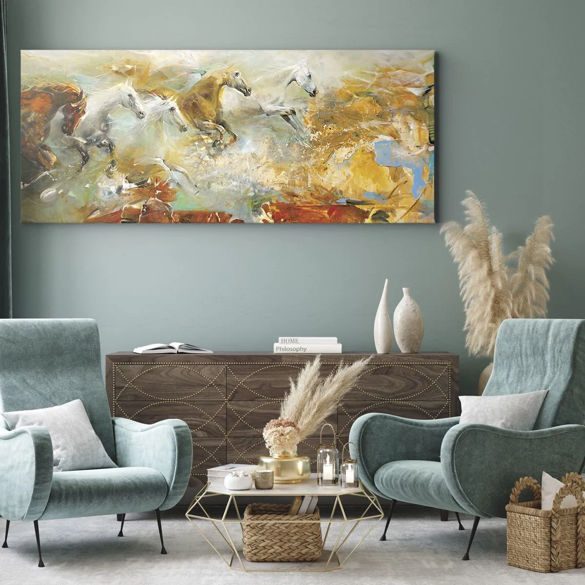 Lærredstryk - Billede på lærred - Galopperer gennem lyset - 100x40 cm