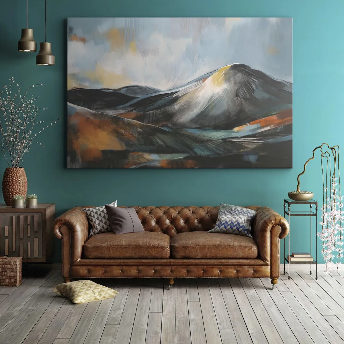 Lærredstryk - Billede på lærred - Abstrakt bjerglandskab i varme nuancer - 70x50cm - Rå og smuk - Moderne vægdekoration til stue og soveværelse ARTTOR