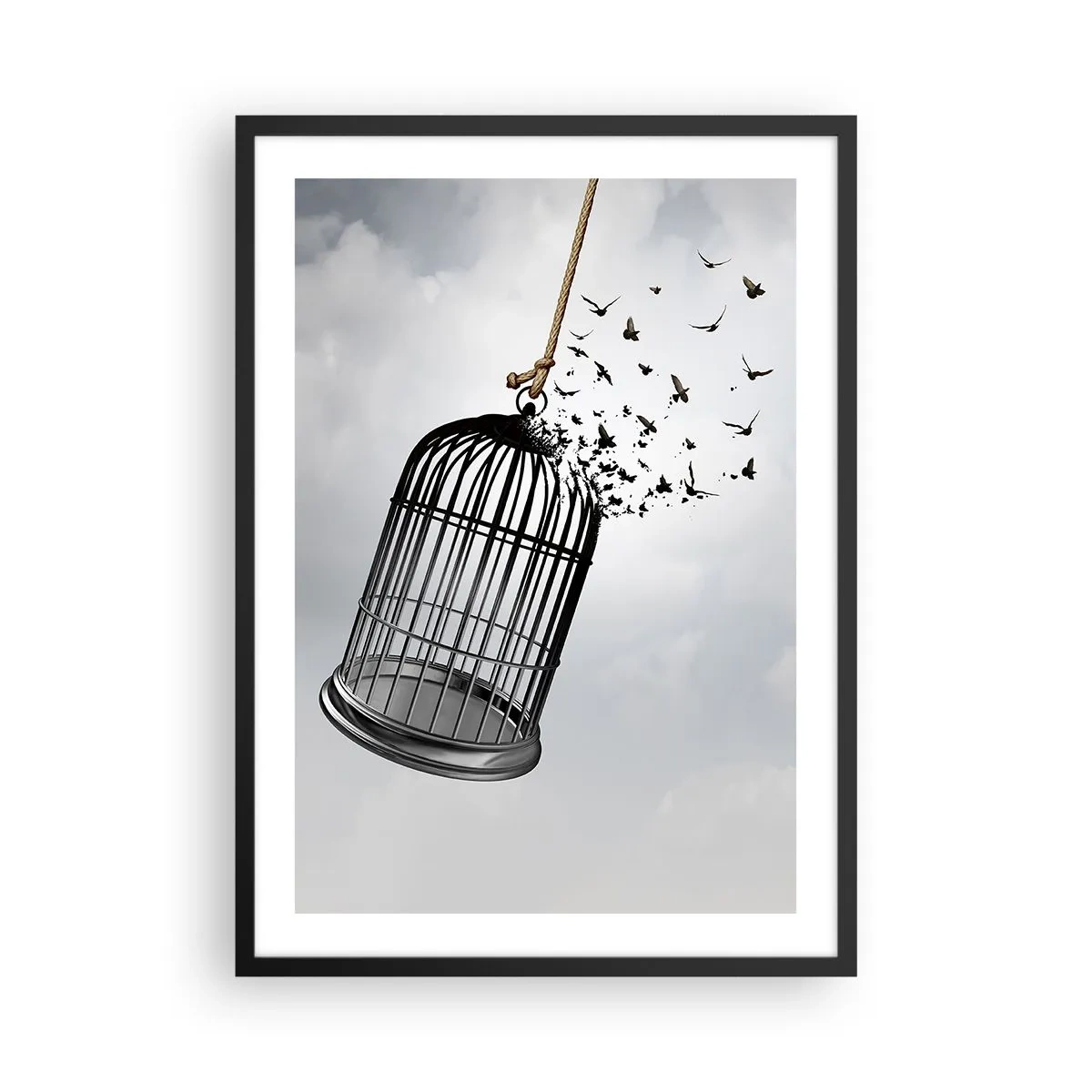 Plakat i sort ramme - Fugle, der flyver ud af et åbent bur mod en baggrund af skyer - 50x70cm - Tro...håb...frihed! - Moderne vægdekoration til stue og soveværelse ARTTOR