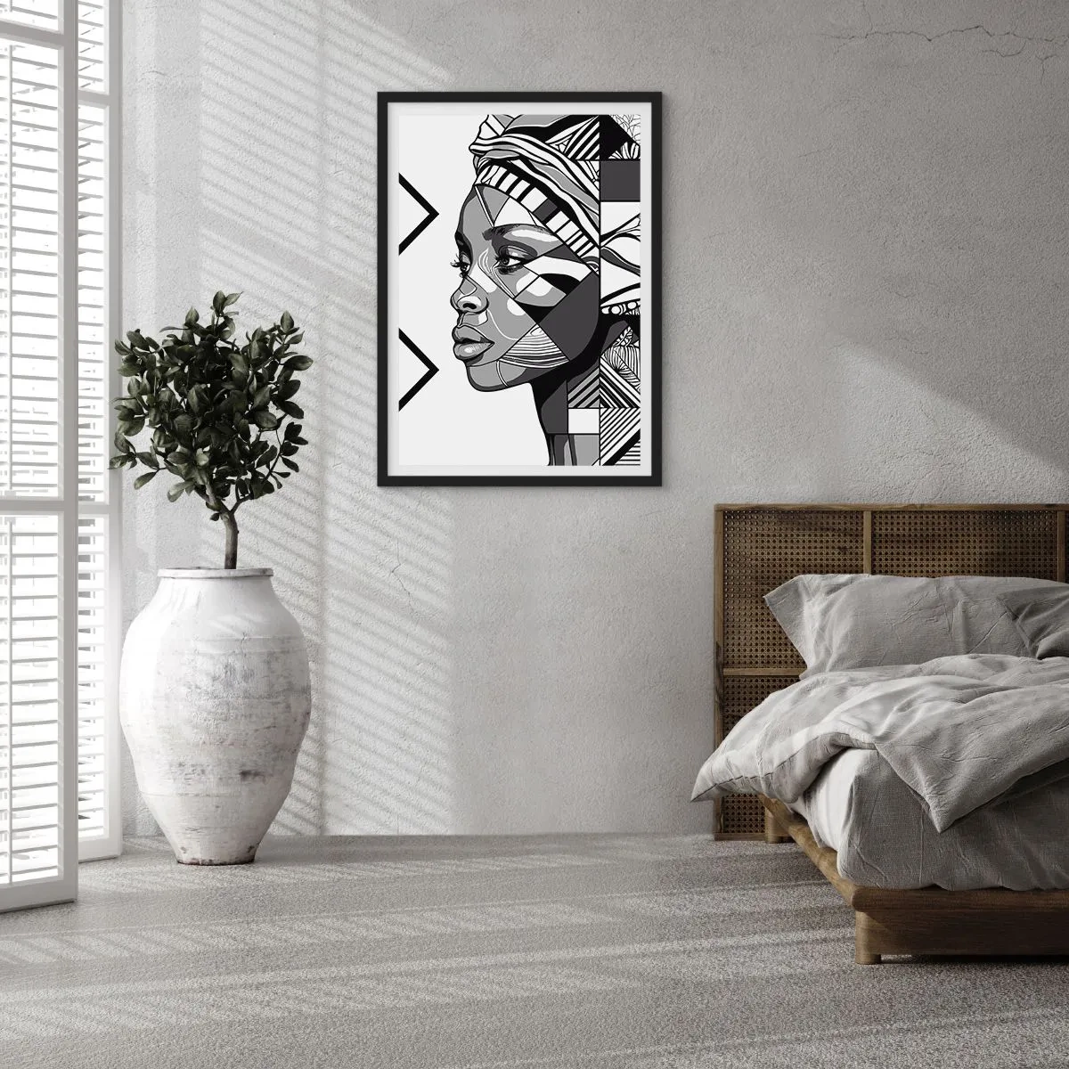 Plakat i sort ramme - Geometrisk portræt af en kvinde i sort-hvid - 50x70cm - Etnisk portræt - Moderne vægdekoration til stue og soveværelse ARTTOR
