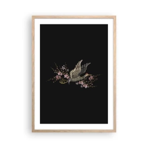 Plakat i ramme af lyst egetræ - Eksotisk broderet fugl - 50x70 cm
