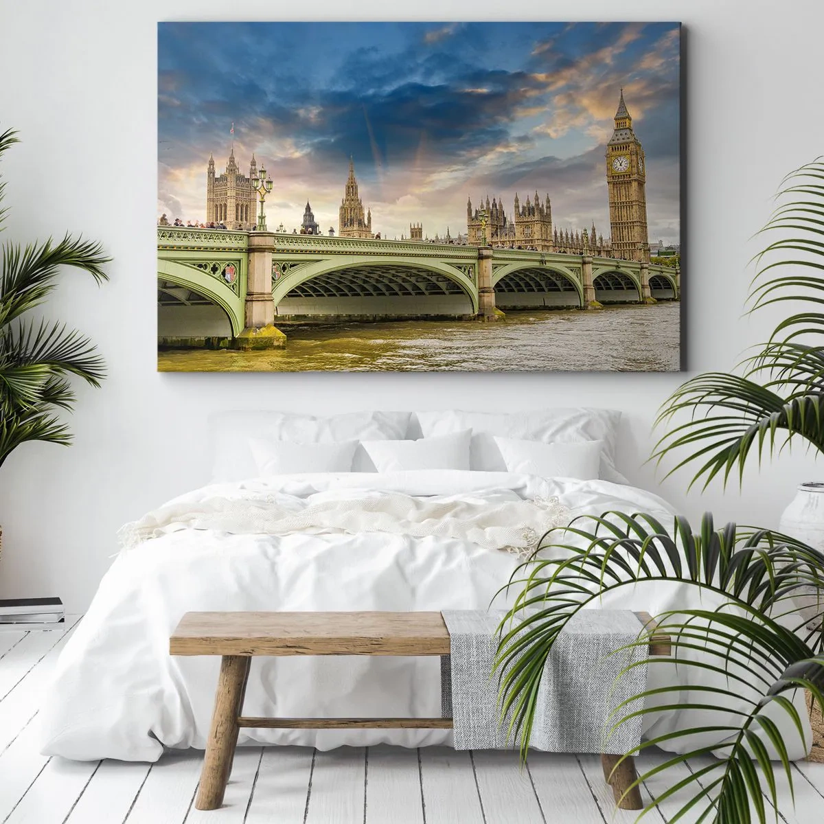 Lærredstryk - Billede på lærred - Big Ben og Westminster Bridge mod himlen i skumringen - 70x50cm - Tiden stod stille i Imperiet - Moderne vægdekoration til stue og soveværelse ARTTOR