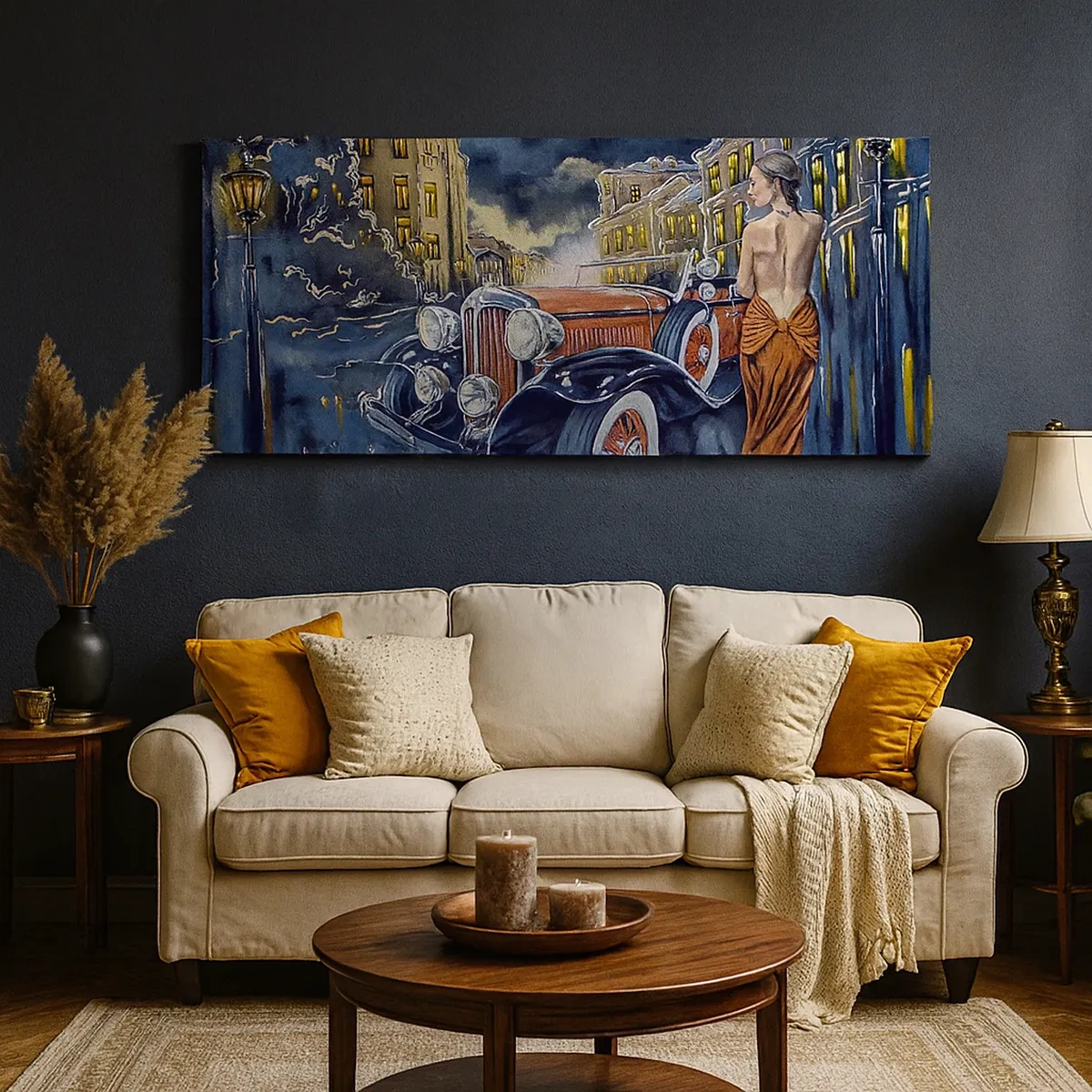 Lærredstryk - Billede på lærred - Nocturne i blå og koral - 30x30 cm