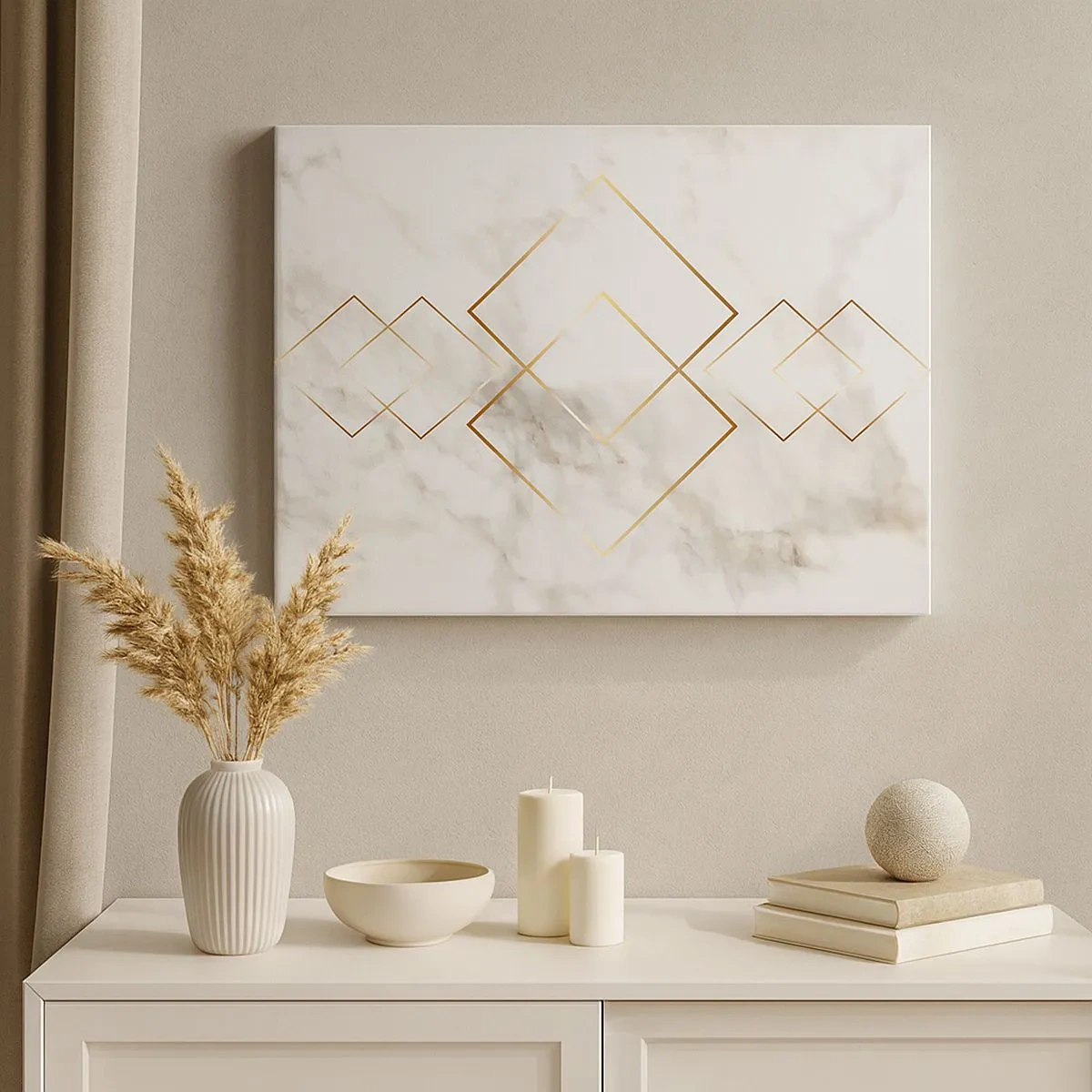 Lærredstryk - Billede på lærred - Minimalistiske gyldne romber på marmorbaggrund - 70x50cm - Udsigt til det uendelige - Moderne vægdekoration til stue og soveværelse ARTTOR