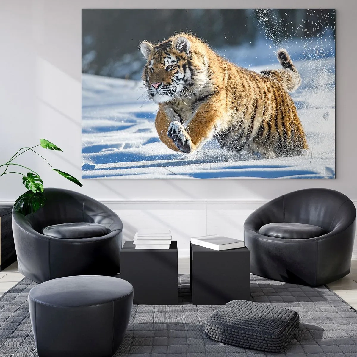 Billede på glas - En sibirisk tiger løber gennem sneen i et vinterlandskab. - 70x50cm - Den sibiriske taigas gud - Moderne vægdekoration til stue og soveværelse ARTTOR