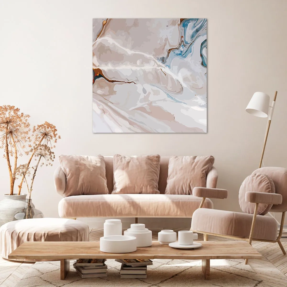 Lærredstryk - Billede på lærred - Blå slynger sig under det hvide - 60x60 cm