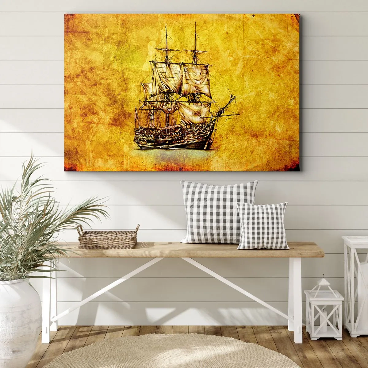 Lærredstryk - Billede på lærred - En stiliseret tegning af et sejlskib på en gylden baggrund med et vintage-look. - 70x50cm - På vej til Tortuga! - Moderne vægdekoration til stue og soveværelse ARTTOR