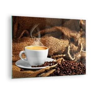 Billede på glas - En kop kaffe med bønner på en jutebaggrund - 70x50cm - Duften af mokka og honningvæskens tæthed - Moderne vægdekoration til stue og soveværelse ARTTOR