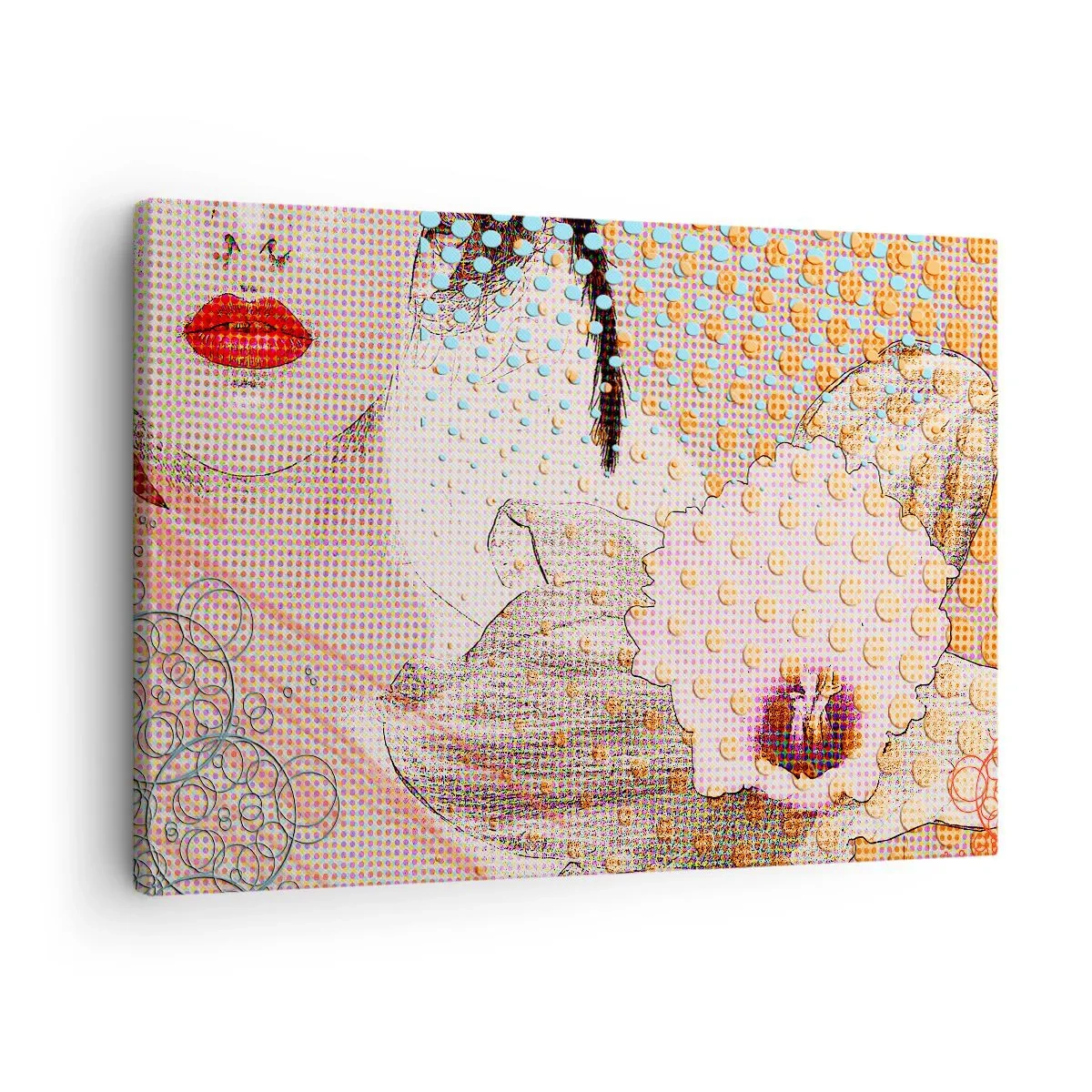 Lærredstryk - Billede på lærred - Abstrakt kunstværk med mund- og orkidemotiv - 70x50cm - Tegneserieheroin - Moderne vægdekoration til stue og soveværelse ARTTOR