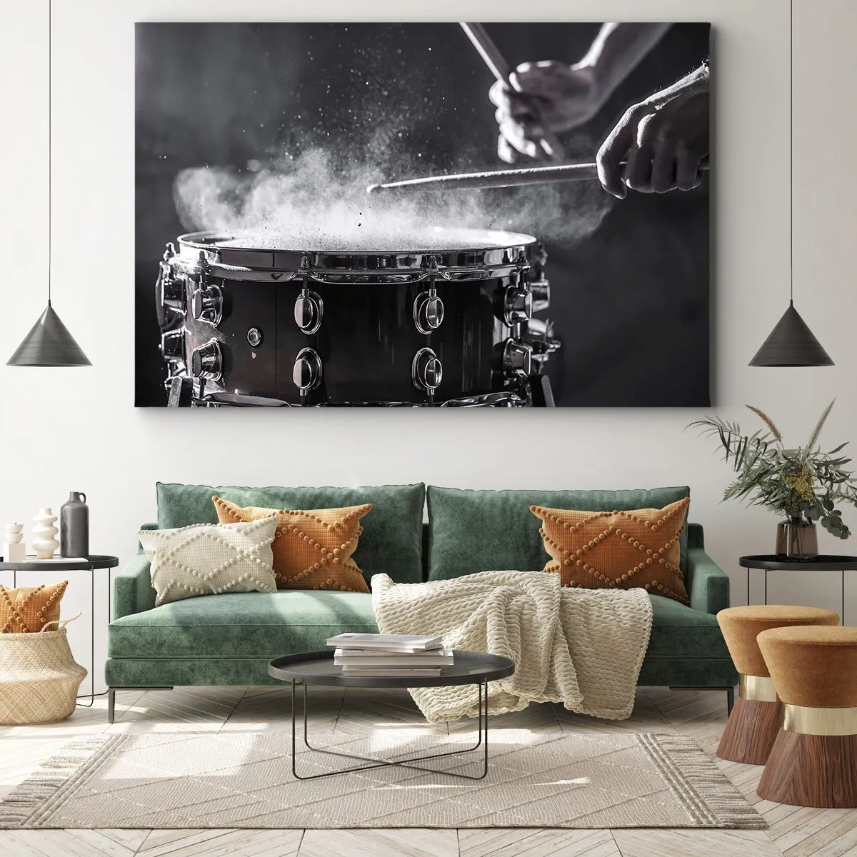 Lærredstryk - Billede på lærred - Slå på lilletrommen med pinde med støveffekt - 70x50cm - Musikkens puls - Moderne vægdekoration til stue og soveværelse ARTTOR
