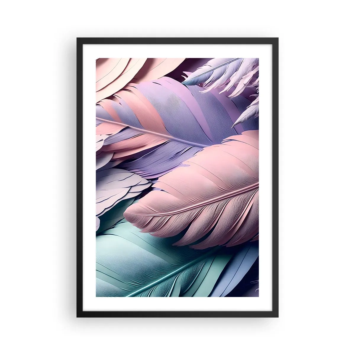 Plakat i sort ramme - Pastelfjer i sarte nuancer - 50x70cm - Chik fugl - Moderne vægdekoration til stue og soveværelse ARTTOR