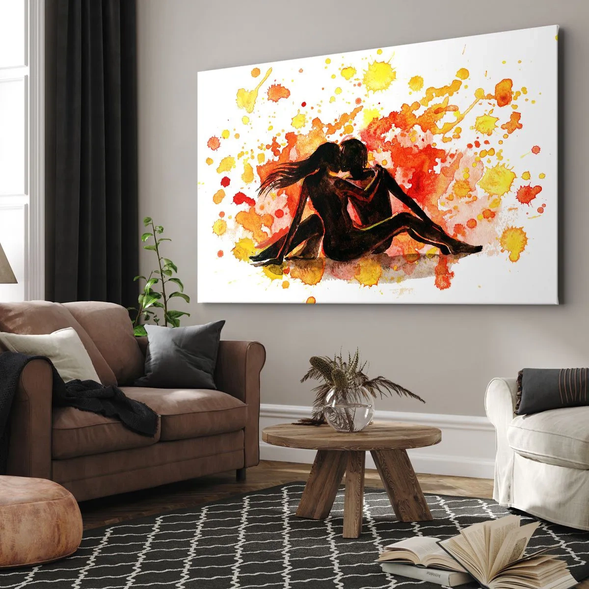 Lærredstryk - Billede på lærred - Et romantisk akvarelmaleri af to personer i varme farver. - 70x50cm - Og der var lys - Moderne vægdekoration til stue og soveværelse ARTTOR
