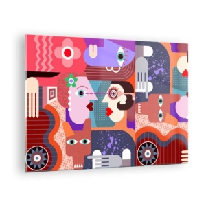 Billede på glas - En abstrakt komposition af ansigter og former i intense farver. - 70x50cm - Øje mod øje - Moderne vægdekoration til stue og soveværelse ARTTOR