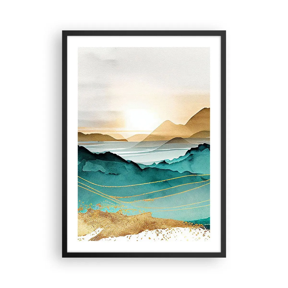 Plakat i sort ramme - Et malerisk bjerglandskab i nuancer af turkis og guld - 50x70cm - På grænsen til abstraktion - landskab - Moderne vægdekoration til stue og soveværelse ARTTOR