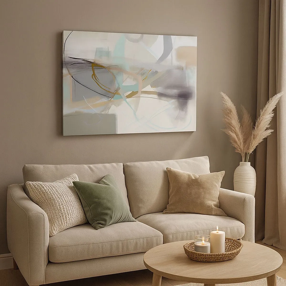 Lærredstryk - Billede på lærred - Pastelabstraktion med fine linjer - 70x50cm - Tågeagtig abstraktion - Moderne vægdekoration til stue og soveværelse ARTTOR