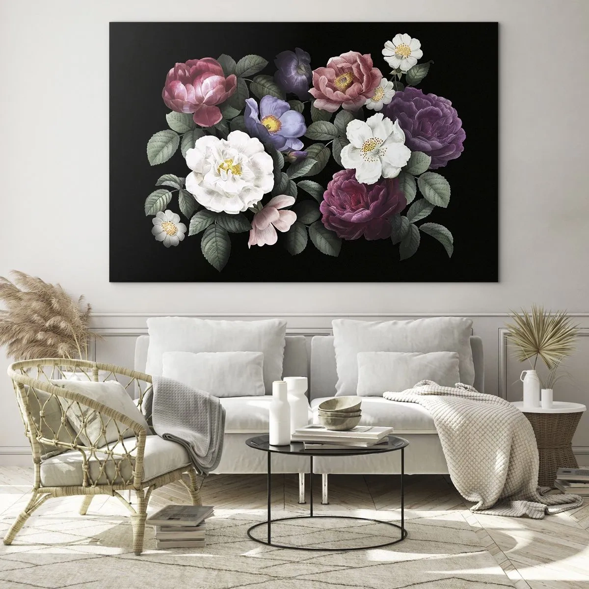 Billede på glas - Blomsterkomposition med pæoner på sort baggrund - 70x50cm - Fra en engelsk have - Moderne vægdekoration til stue og soveværelse ARTTOR