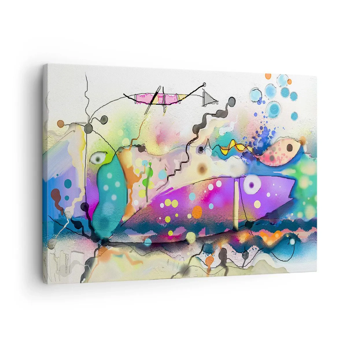 Lærredstryk - Billede på lærred - Abstrakt fisk i en farverig, surrealistisk komposition - 70x50cm - Ingen ord! - Moderne vægdekoration til stue og soveværelse ARTTOR