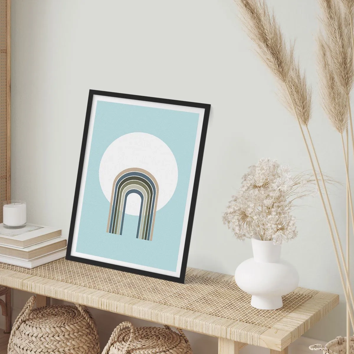 Plakat i sort ramme - En minimalistisk bue med pastelfarver mod en cirkulær baggrund - 50x70cm - Uimodståelig tiltrækningskraft - Moderne vægdekoration til stue og soveværelse ARTTOR