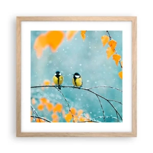 Plakat i ramme af lyst egetræ - Sladder om fugle - 40x40 cm