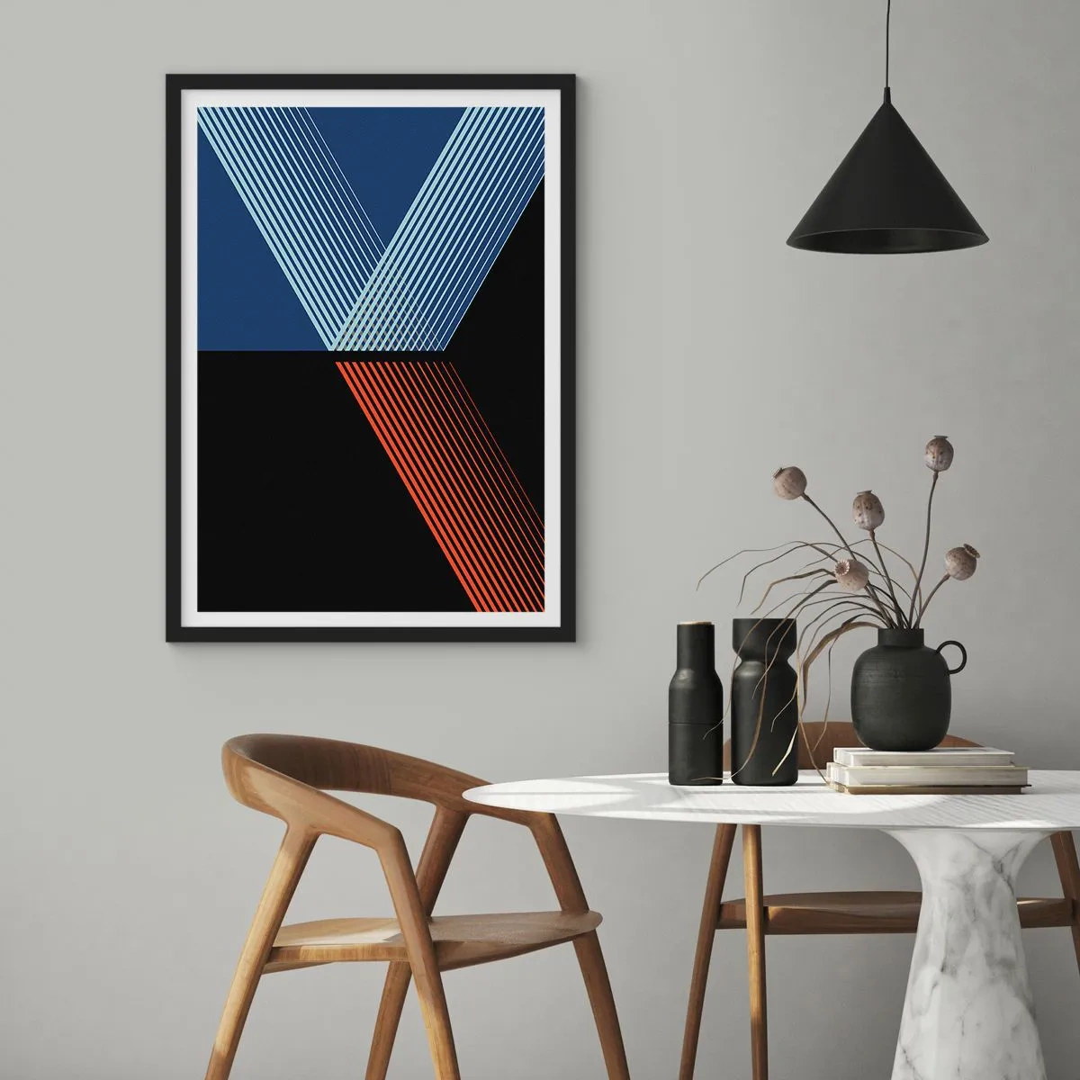 Plakat i sort ramme - Abstrakt komposition af linjer i blå, sort og rød - 50x70cm - En simpel historie - Moderne vægdekoration til stue og soveværelse ARTTOR