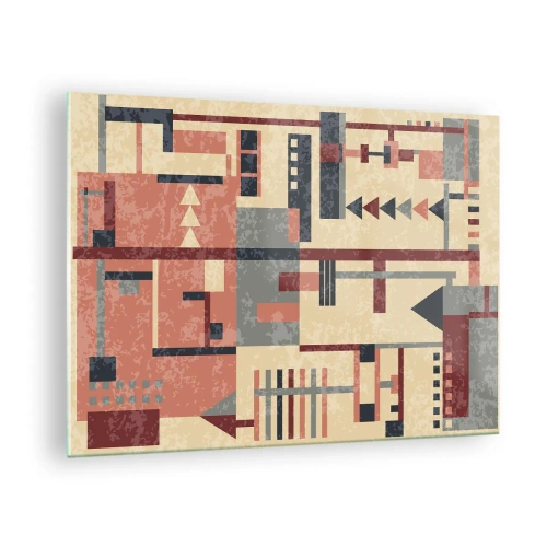 Billede på glas - Abstrakt geometrisk mønster i beige og røde nuancer - 70x50cm - Kombination af vertikaler og niveauer - Moderne vægdekoration til stue og soveværelse ARTTOR