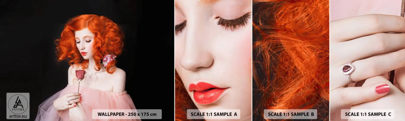 Prøve Fototapet Selvklæbende Deluxe Sticker - I barokstil - Kvinde, Model, Rose - 100x30 cm