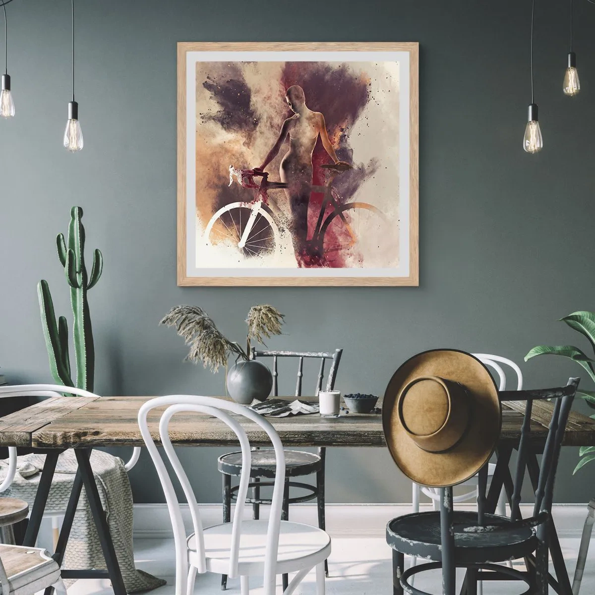 Plakat i ramme af lyst egetræ - I marmor former den cyklende sjæl - 50x50 cm