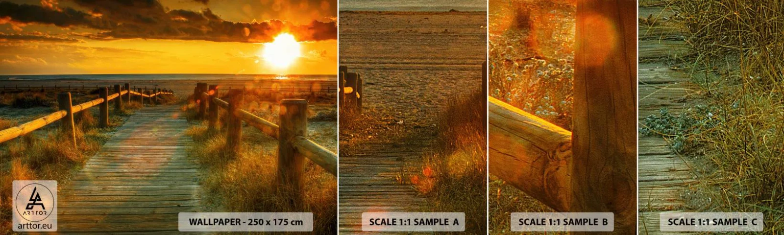 Fototapet Prøve Standard Eco - Badet i gammelt guld - Landskab, Hav, Nedstigning til stranden - 100x30 cm