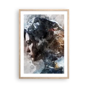 Plakat i ramme af lyst egetræ - Historien om en pige med en by i baggrunden - 50x70 cm