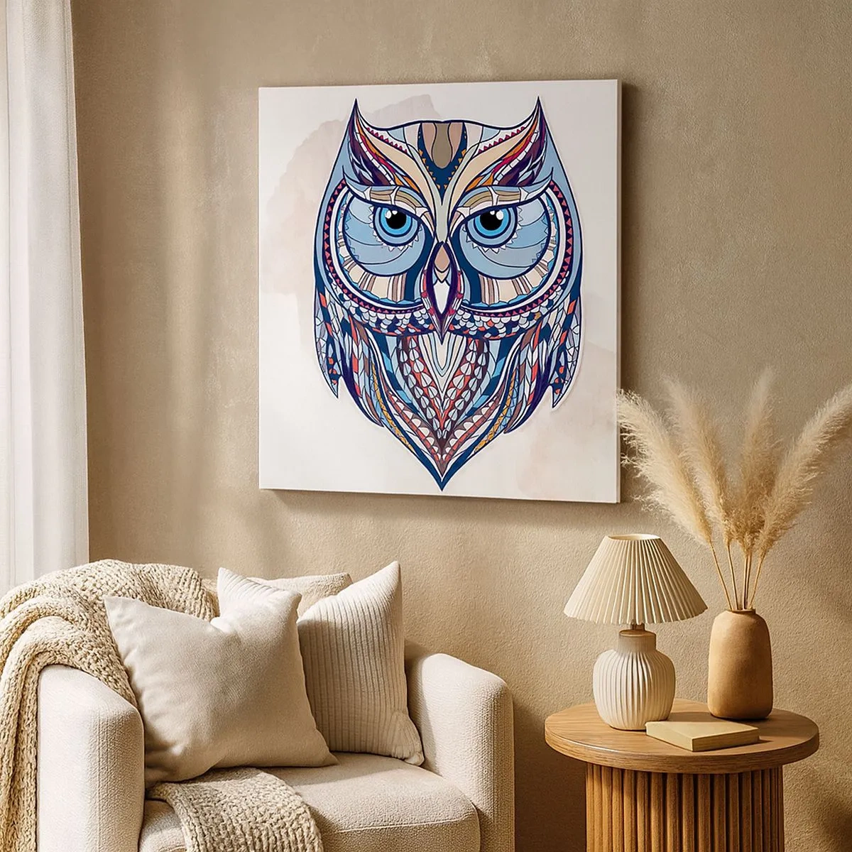 Lærredstryk - Billede på lærred - Kunstnerisk ornamental ugle - 30x30 cm